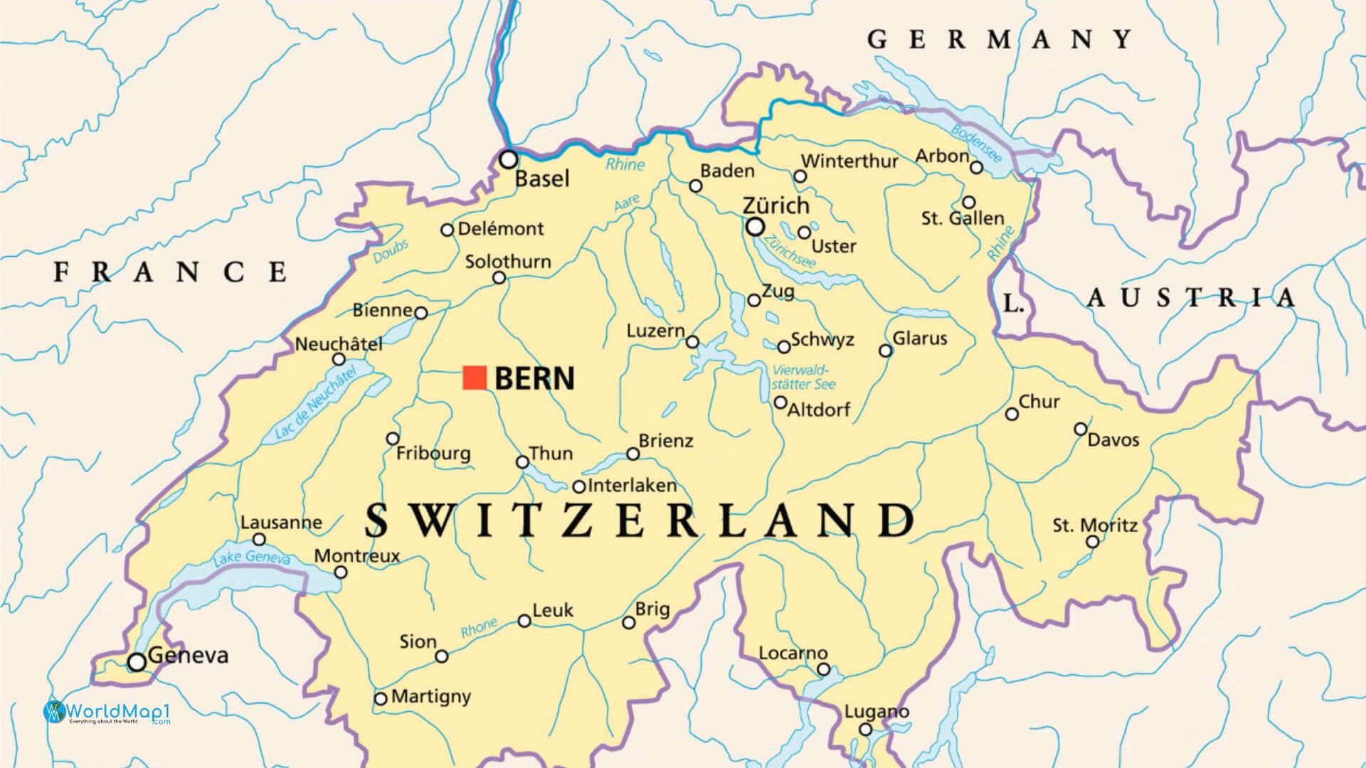 Switzerland Cities and Rivers Map